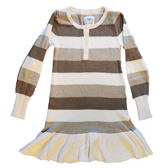 Striped Knit Ruffle Hem Sweater Dress - Brown & Cream - Girls 14 - Picture 4 of 6